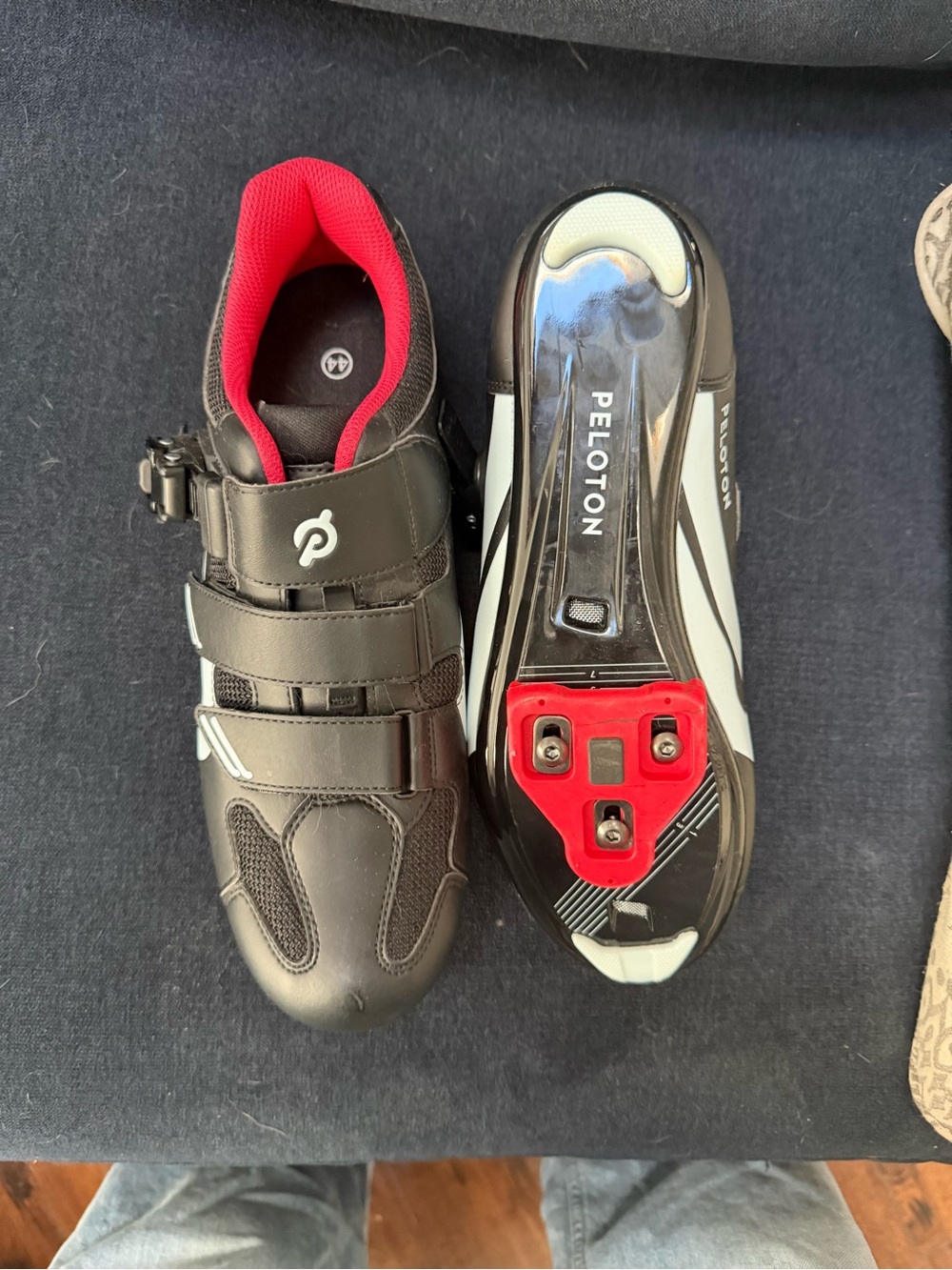 Peloton Men’s Black Cycling Shoes with Red Interior and Red Cleat Plate